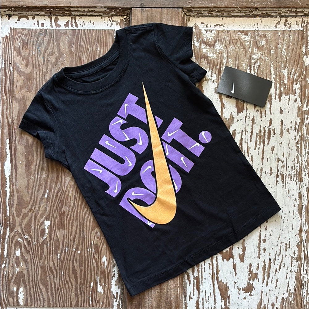 Nike Black T-Shirt with Purple and Gold Design